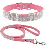 Suede Leather Dog Collar Leash Set Full Rhinestone Crystal Soft Material Adjustable Small Dogs Cat Pets Collars Leads Chihuahua