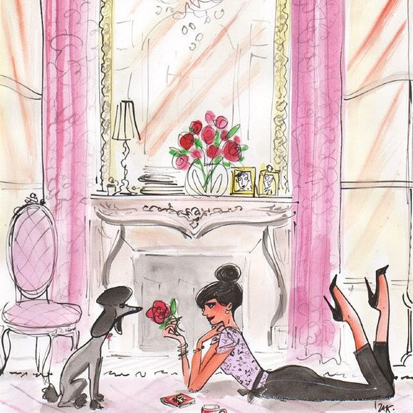 Girl and her dog, poodle, roses, french, pink, decor, Izak Zanou