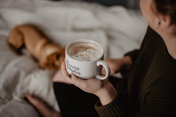 morning, coffee, girl and her dog, bed