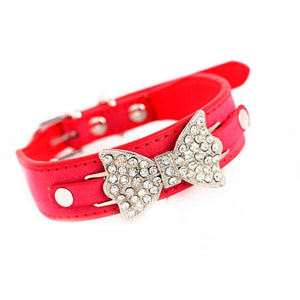 Small Dog Collar, Leather with Silver and Crystal Bow