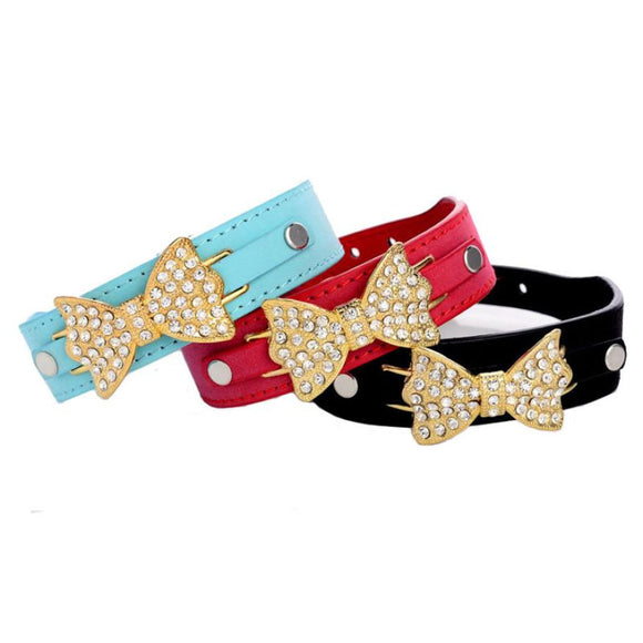 Small Dog Collar,  Leather with Gold and Crystal Bow