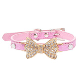 Thin Small Dog Collar with Crystal and Gold Bow Detail