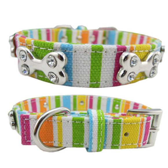 Adjustable Bone Shape Rainbow Color Canvas Harness Collar Puppy Dog Leash Lead Pet Collar for Small Dog